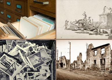 Four pictures: file box, old photos, house ruins, Drawing of monument razing