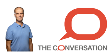 Personbild av Christophe PRemat samt logo av The Conversation. Pratbubbla och text