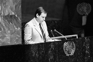 NEW YORK, DECEMBER 10, 1984. An international convention against torture was adopted by consensus and opened for signature by the General Assembly in 1984. Grzegorz Polowczyk, Rapporteur of the Third Committee (Social, Humanitarian and Cultural) introducing the convention. Photo: UN Photo/Yutaka Nagata - Unique Identifier: UN7421534