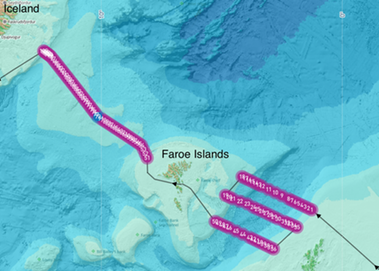Karta över Atlanten med Island och Färöarna, med markeringar för mätningarna.