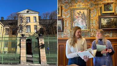 Bild på Spökslottets fasad. Bild inomhus, två studenter pratar.
