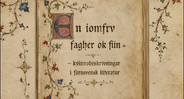 Text på medeltida boksida med målade blomsterdekorationer.