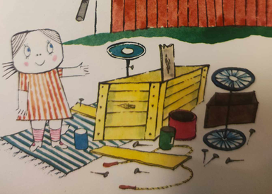 Illustration of a little girl next to a pile of boards of tires.