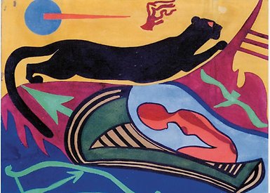 Painting of panther and female in modern style.