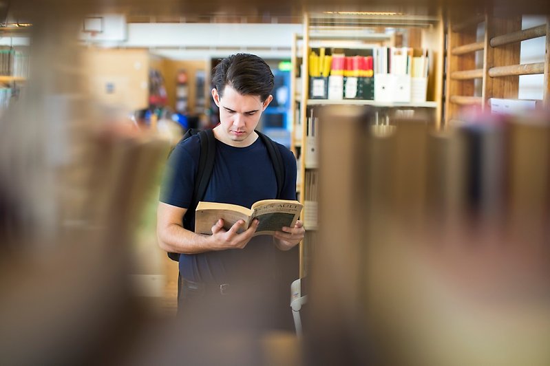 Student reading a book in a library.