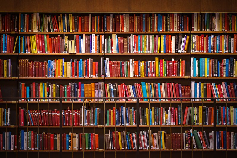 Colourful wall of books.