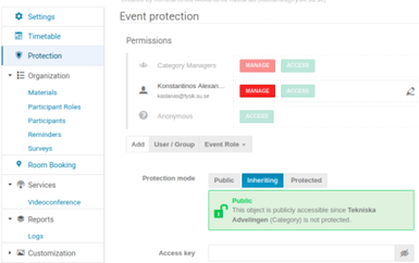 The access protection tab in Indico.