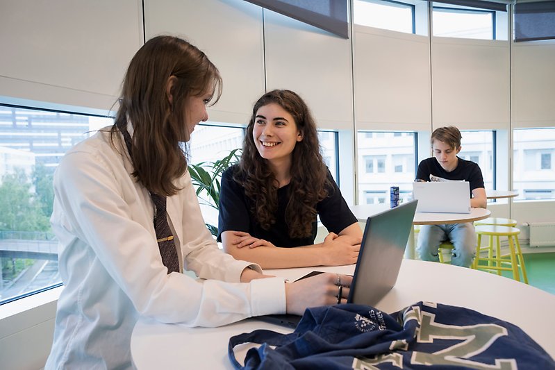 Studenter vid en dator. 