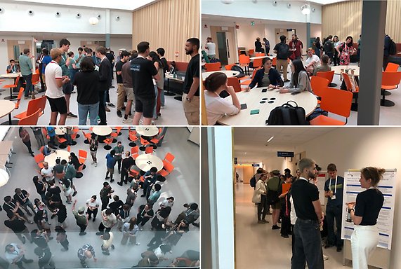 Four images of people talking to each other and looking at research posters.