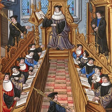 A meeting of doctors at the university of Paris. From the "Chants royaux" manuscript, Bibliothèque