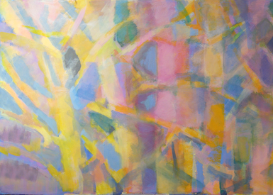 Multicolored abstract painting on trees and branches.