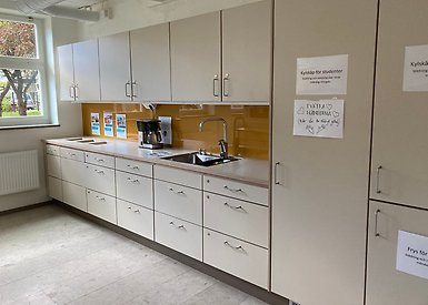 Köksmiljö med skåp och diskbänk. 