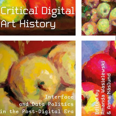 Detail of a book cover with different paintings of apples