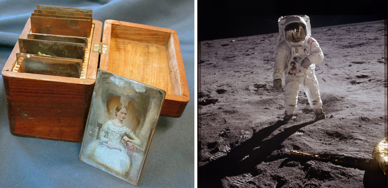 Bild1: Bild av Daguerreotyp som har kolorerats. Bild 2: Astronaut Buzz Aldrin på månen, 1969 