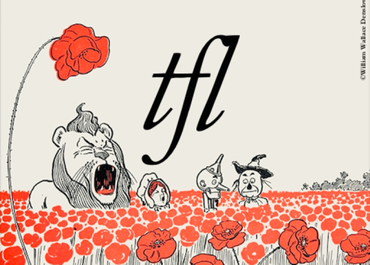 Illustration i svarvitt och rött föreställande karaktärerna Trollkarlen från Oz