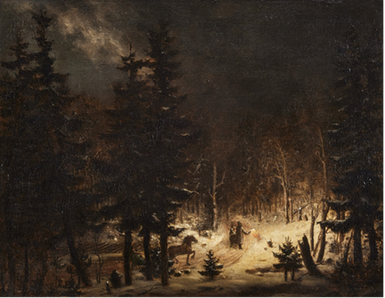 Målning från 1790-talet som föreställer en släde i ett skogslandskap.