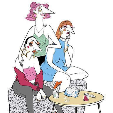 Illustration: tre tjejer med attityd sittandes på sittpuff och bord med chips och läsk.