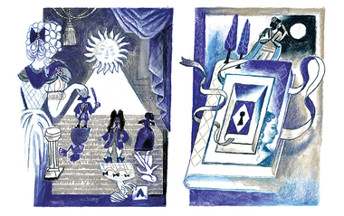 Illustrations in black blue and white.