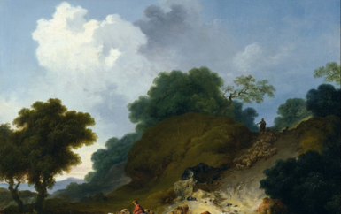 Målning från 1700-talet som föreställer landskap med herdar och får. (Wikimedia Commons).