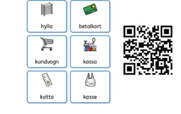 Rutor till höger med bild och ord för saker i en affär. QR-kod till vänster.