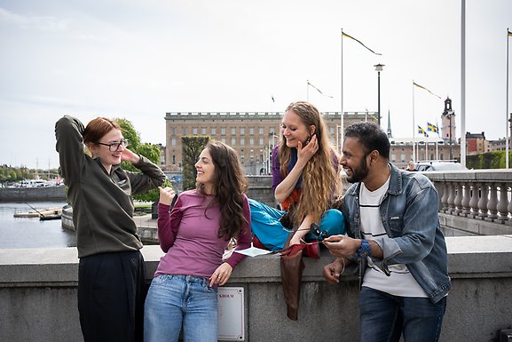 Studenter på stan med Stockholms slott och svenska vimplar och flaggor i bakgrunden.