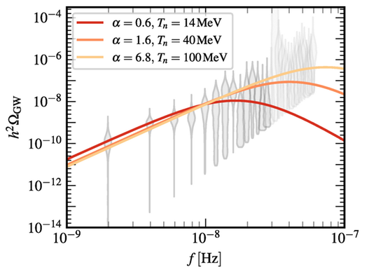 Gravitationsvågspektra från en dilatoninducerad QCD PT överlagrad med NANOGrav 15-åriga fria spektrumbegränsningar (två nyanser av grå violiner). Den röda kurvan motsvarar det spektrum som bäst passar de 14 lägsta frekvensintervallen (mörkare grått). För mer information, se huvudtexten.