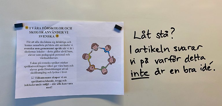 Affisch som uttrycker att barn, elever och personal ska prata svenska i skolans lokaler