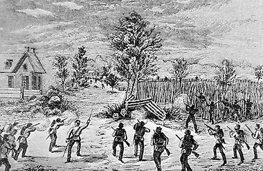 The Battle of Eccles Hill. This illustration features men of the 50th volunteer battalion in battle against members of the Fenian Brotherhood.