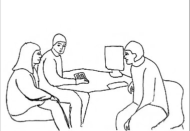 Tecknade siluetter av tre personer som sitter vid ett bord.