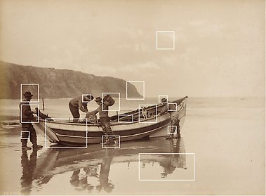 Foto från 1895 med personer i och vid en liten båt.
