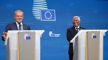 Polish Prime Minister Donald Tusk and European Council President António Costa at a joint press conference at the Council headquarters. Photo by the European Union.
