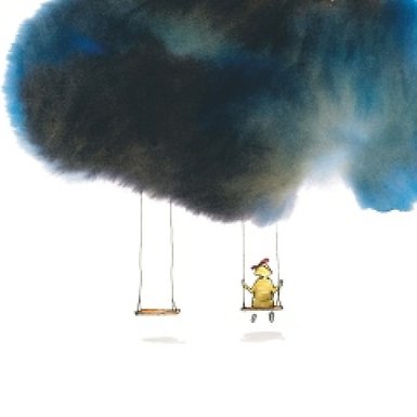 Painting of a person sitting on a swing hanging from a dark cloud.