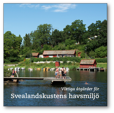 Försättssida av broschyren "Viktiga åtgärder för Svealandskustens havsmiljö". Bild av badande familj på en brygga vid kusten.