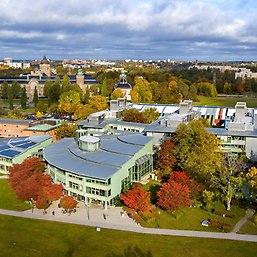 Drone image of Geoscience building, Stockholm University in autumn.