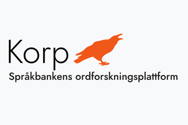 En orange siluett av en korp. Text KORP Språkbanken ordforskningsplattform.