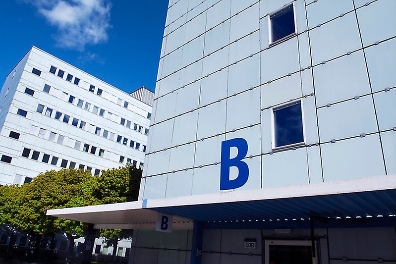 Campus entrance with a letter B above.