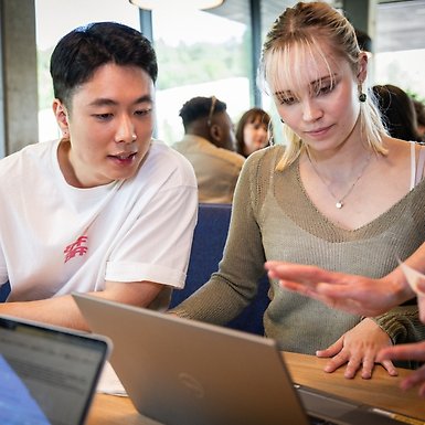 En man och en kvinna tittar på en laptop. Händer i förgrunden av bilden visar dem något.