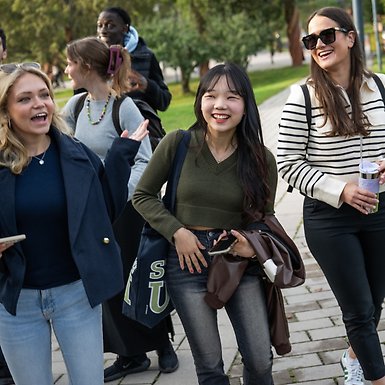 Studenter pratar och skrattar med varandra på campus Frescati.