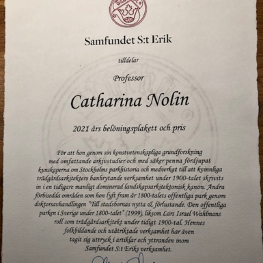 Samfundet S:t Eriks belöningsplakett.