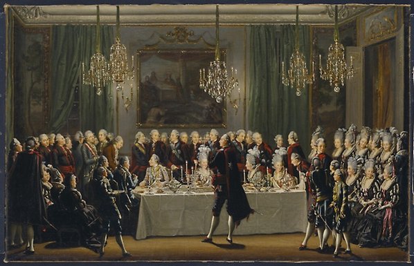 Painting of a dinner party from the late 18th century.