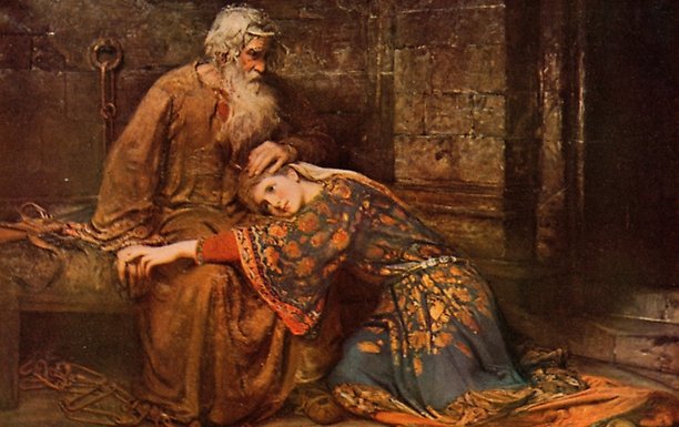 Tavla från 1886 som föreställer kvinna som tröstar man