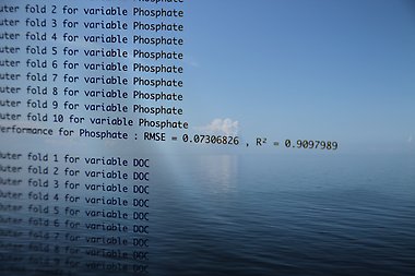 Fotomontage som visar havsytan och del av koden som använts för en av modellerna i studien.