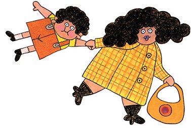 Illustration av kvinna med barn i handen.