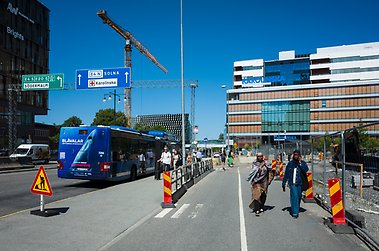 City street view near the Karolinska University Hospital in Solna, Sweden.