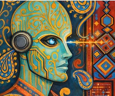 A colorful painting of a person with various patterns on their head, neck, and face. Various patterns appear in the background.