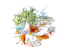 Illustration of a big tree, Aula Magna, people walking, books and a couple of hands.