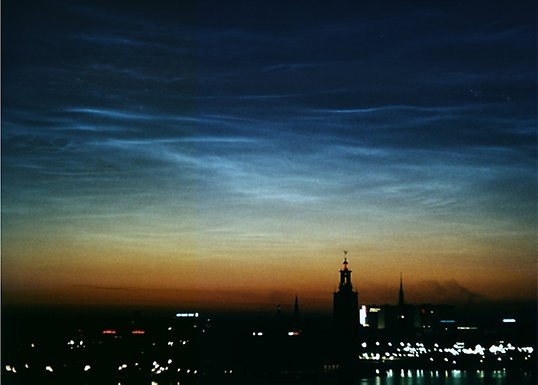 Night view of Stockholm. Sun has set, with a colourful sky and noctilucent clouds.