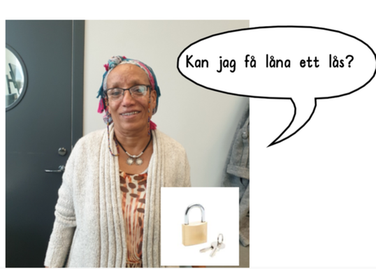 En elev med en pratbubbla där det står "Kan jag få låna ett lås". En bild på ett hänglås också.
