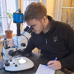 Edvin tittar i ett mikroskåp och antecknar