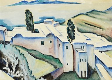 Oljemålning föreställande kustvy från Sidi Bou Said utanför Tunis, 1923 av Agnes Cleve.